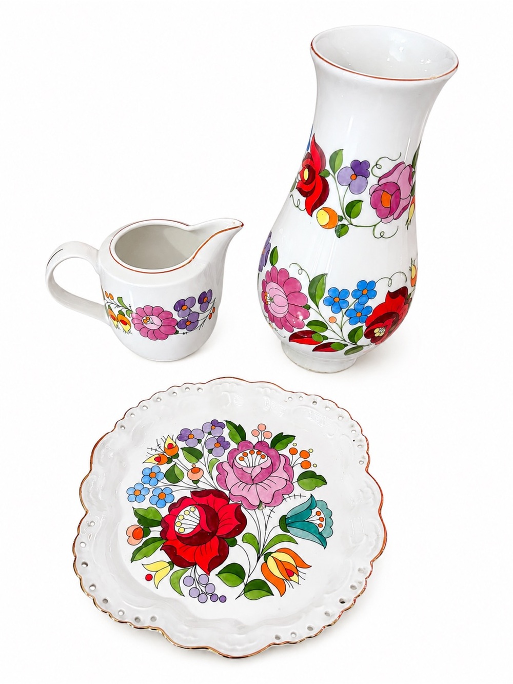 Vintage Kalocsa Hungary Hand-Painted Porcelain 3-Piece Vase, Creamer & Plate 💕